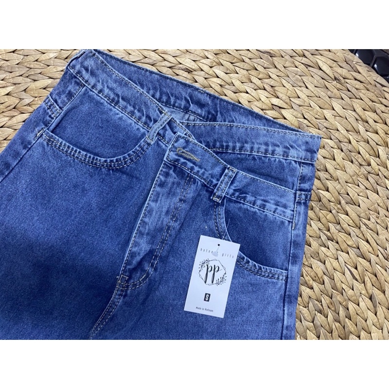 Quần jean denim ống rộng lưng xéo chất phát ngất