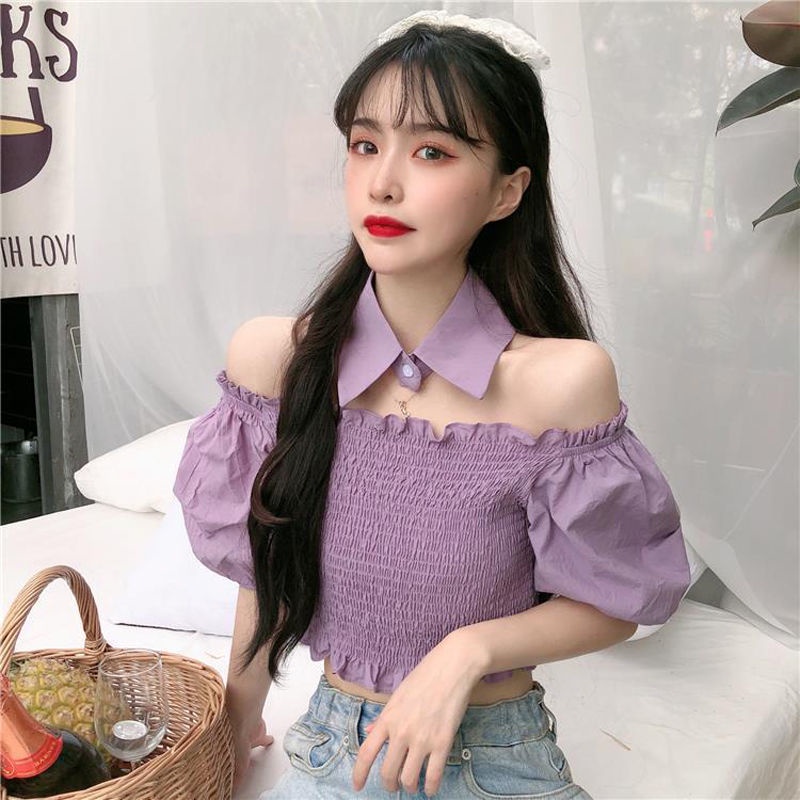 Áo Kiểu Tay Phồng Dáng Ngắn Hở Vai Phong Cách Hàn Quốc Mẫu Mới Thời Trang Mùa Hè 2021 Dành Cho Nữ