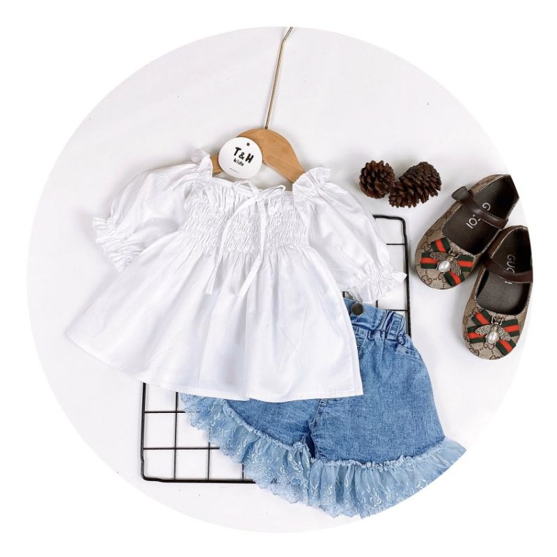 (HCM) ÁO TAY PHỒNG, THÂN DÚN THUN CO GIÃN + SHORT JEAN DÁNG CHỮ A VIỀN REN CHO BÉ GÁI