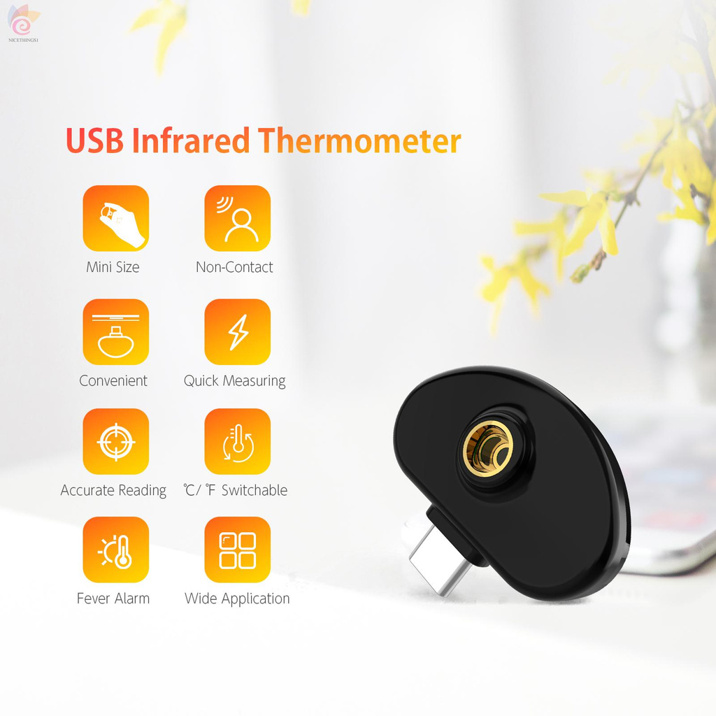 ET USB Infrared Thermometer Type-C Interface Compatible with Android Measuring Body &amp; Object Temperature 3-Color Display History Data in APP Mini Touchless Thermometer for Phone