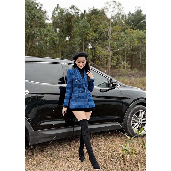 Áo Zara Áo khoác dạ tweed blazer xanh navy Zara xuất A085