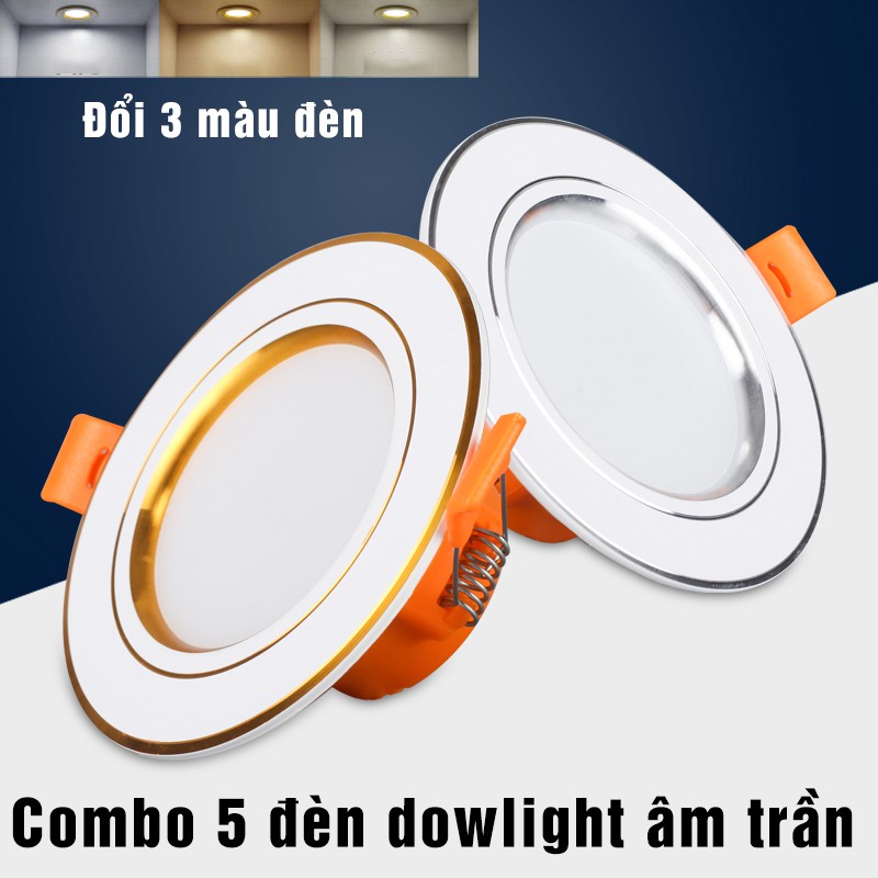 [BẢO HÀNH 12 THÁNG] Set 5 Đèn Dowlight, Đèn Led Âm Trần Tròn Đổi 3 Màu Viền Vàng/ Viền Bạc