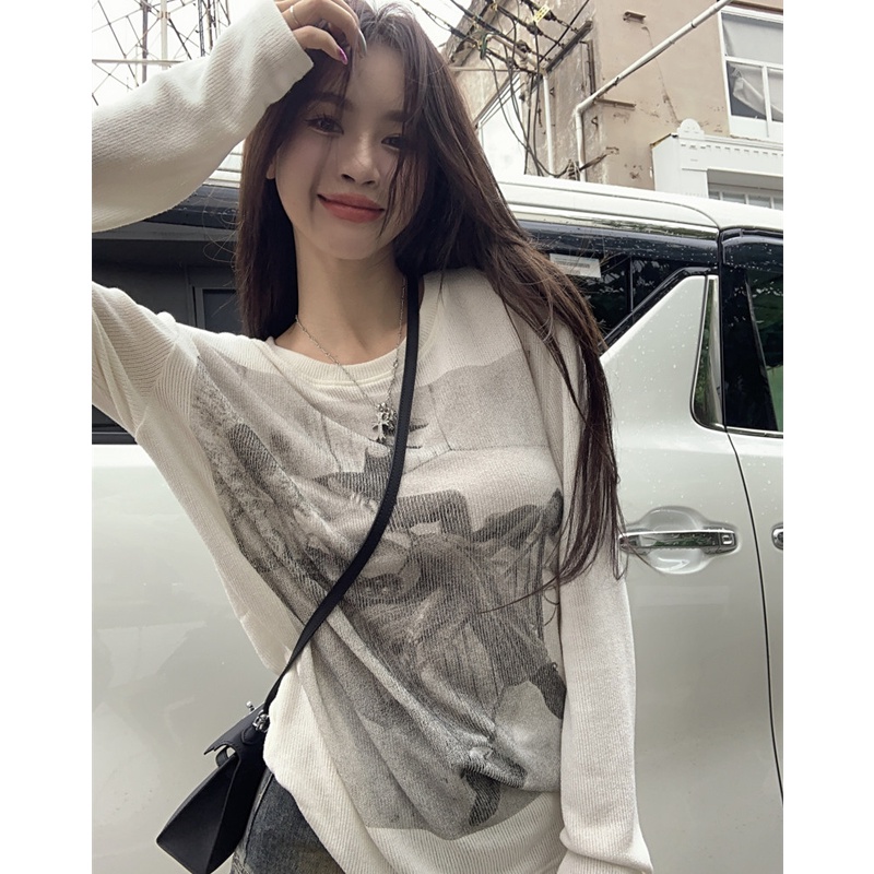 Áo Thun Dệt Kim Tay Dài Dáng Rộng In Họa Tiết Thời Trang Cho Nữ