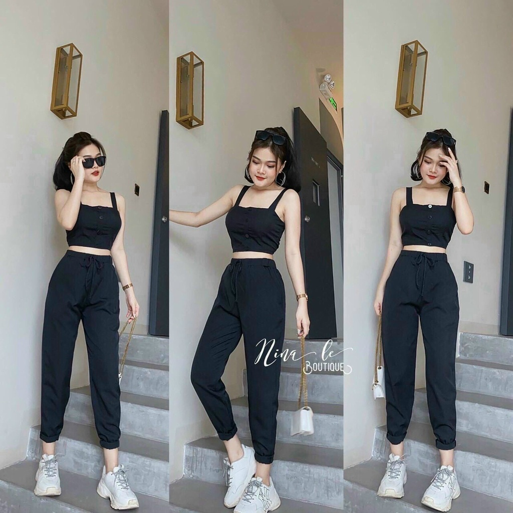 Set áo hai dây ngực đính nút và quần dài bo chun