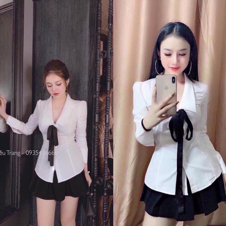 Sét Bộ Tiểu Thư Aó Sơ Mi Có Nơ Kèm Chân Váy ( Chất Liệu Kate Có Quần Trong ) Thời Trang Nữ | BigBuy360 - bigbuy360.vn