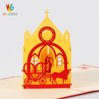 Thiệp Cưới 3D HMG Đám Cưới Hạnh Phúc, Wedding Pop-up Card Bìa Màu đỏ, Lót Màu Kem, Size 15x15cm