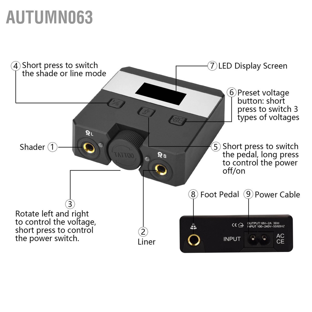 Autumn063 Hình xăm kỹ thuật số Nguồn điện Cung cấp áp cao Liner Shader Điện có thể điều chỉnh được cung hình LED đen phổ biến 100‑240V