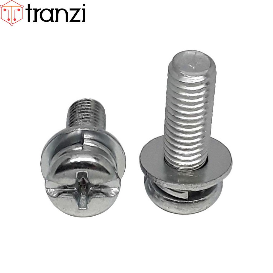 Vít bake kèm long đen phẳng vênh đầu cầu mạ kẽm trắng M5x16 - túi 50 cái