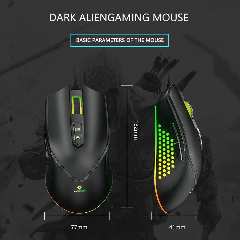 Chuột máy tính có dây Dark Alien V700 8000 DPI LED RGB Độ Chính Xác Cao Giảm Tiếng Ồn tắt âm silent chuột máy tính game