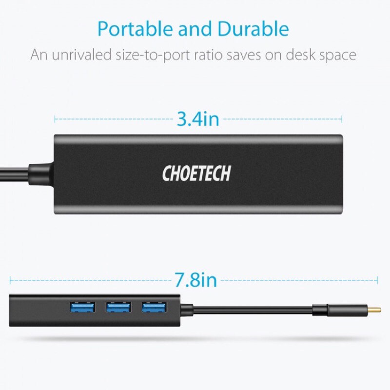 [CHOETECH]Hub Adapter chuyển đổi 4 in 1 Type-C ra 3 cổng USB 3.0& cổng LAN RJ45 CHOETECH U02BK dùng cho Macbook / Laptop