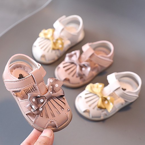 sandal tập đi bé gái size 15-19 giọ nơ bi da mềm