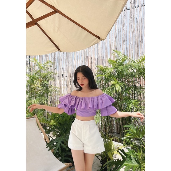 Anis Áo croptop trễ vai đi biển, croptop tay ngắn bánh bèo có thun ngực Laphin Top