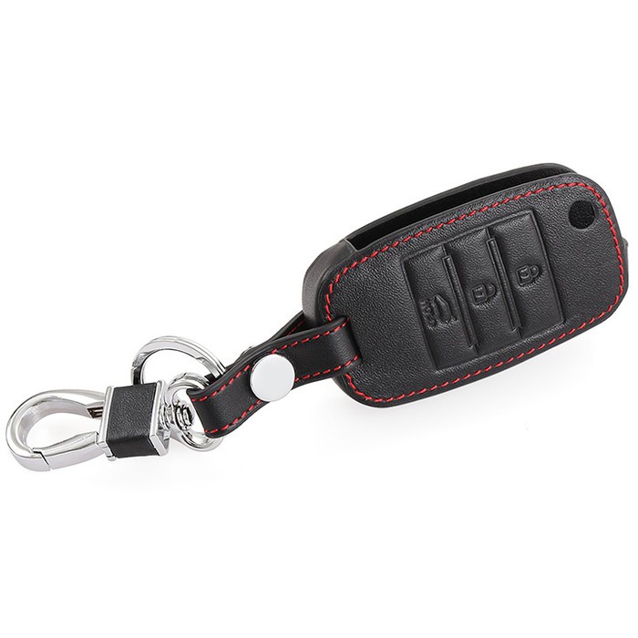 Bao da chìa khóa Kia rio, Kia Morning,K3 - bản chìa gập -kèm móc khóa đen chỉ đỏ