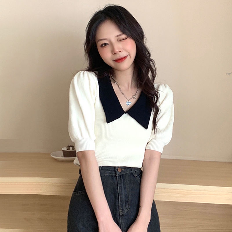 Áo len tay ngắn dệt kim cổ búp bê nữ màu xanh lá cây phong cách Hàn Quốc