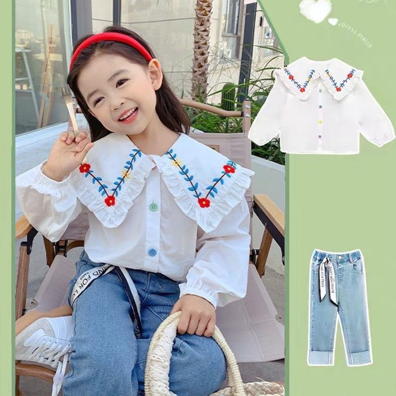 Áo sơ mi trắng dài tay rộng cổ thêu hoa cho bé gái  N01131