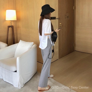 Áo Thun Nữ Ngắn Tay Xẻ Tà + Quần Dài Lưng Cao Kẻ Sọc Thời Trang 2021