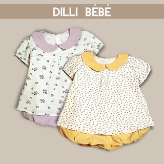 Đồ bộ bé gái áo cổ bèo sen babydoll quần bí cho trẻ em sơ sinh 0-5 tuổi vải Muslin Hoa vàng/hồng - Dilli Bebe