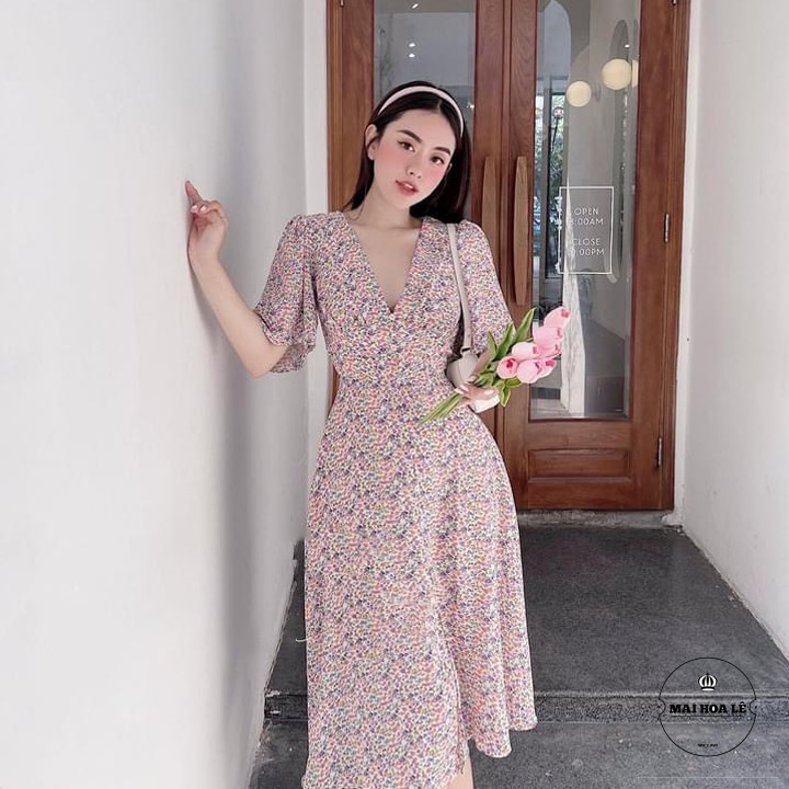 Váy đầm nữ hoa nhí cao cấp 👗𝐌𝐈𝐄̂̃𝐍 𝐏𝐇𝐈́ 𝐒𝐇𝐈𝐏👗Thiết kế cổ V, hoạ tiết vintage yêu kiều Full Size S M L