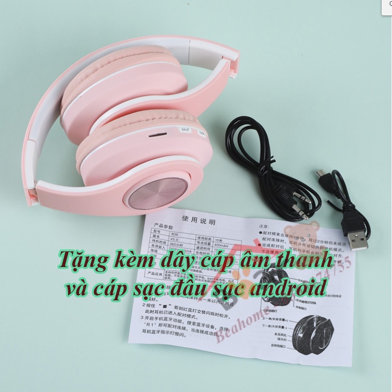 Tai nghe bluetooth không dây BearHome cao cấp, có micro chơi game, headphone bluetooth chụp tai có thể gập gọn tiện lợi