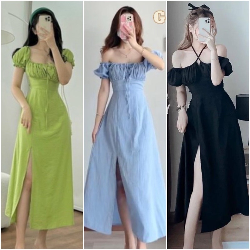 [4 MÀU ] ĐẦM MAXI XANH BƠ NHÚN NGỰC TAY BỒNG XẺ TÀ KTGIMI ( kèm ảnh thật)
