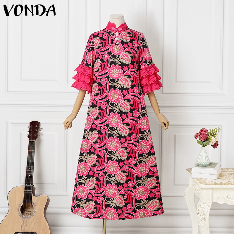 Đầm dài Baggy VONDA tay 3 / 4 in hoa phong cách vintage thời trang cho nữ