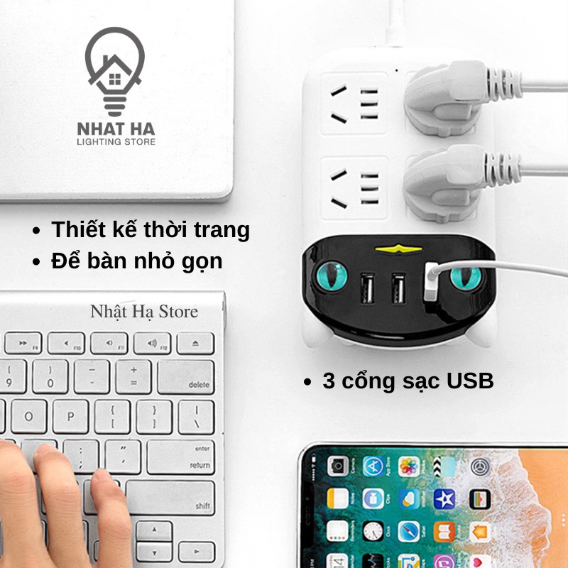 Ổ Cắm Điện Đa Năng Dán Tường Hình Mèo Cute OD-318, 3 Cổng USB Chống Giật Thông Minh Dây Dài 3m