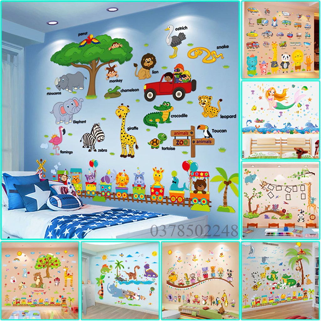 Tranh decal các động vật tiếng anh tranh con vật ngộ nghĩnh trang trí phòng