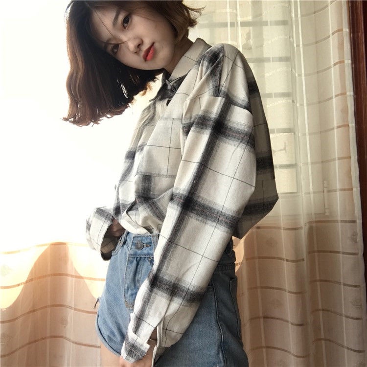 Áo Sơ Mi Tay Dài Dáng Rộng Họa Tiết Kẻ Sọc Thời Trang