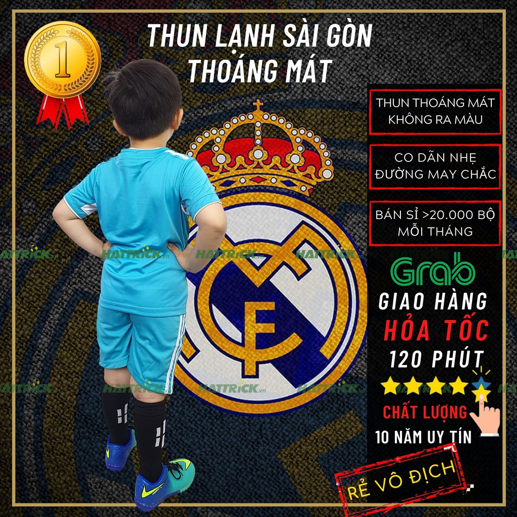 Bộ thể thao bóng đá trẻ em Real xanh ngọc 2021 (11kg-41kg) thun Sài Gòn thoáng mát may chất lượng, xưởng bán sỉ uy tín