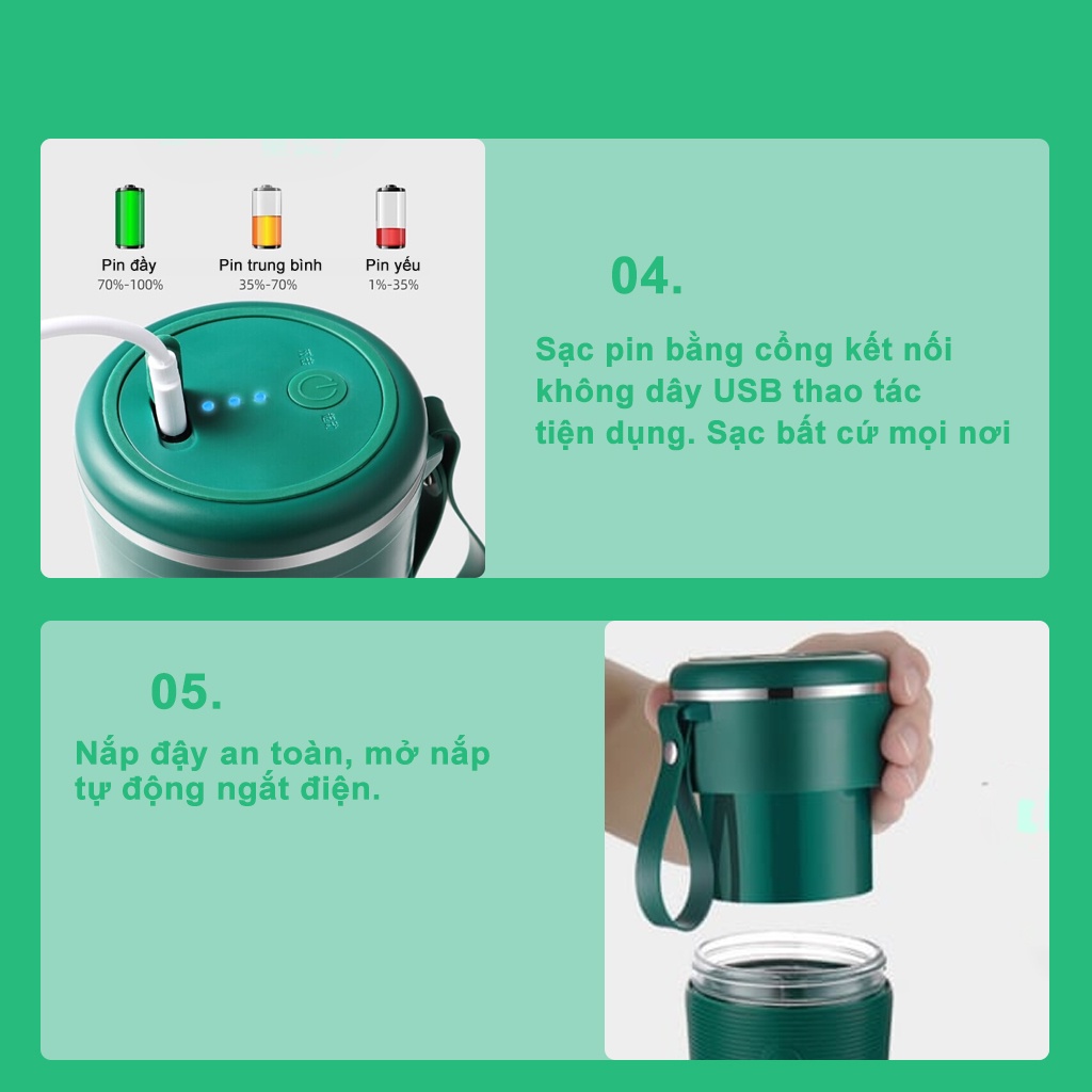 [BẢN CAO CẤP] Máy xay cầm tay say sinh tố đa năng xay ăn dặm, xay đá, xay sinh tố trái cây cối THUỶ TINH 300ml sạc pin