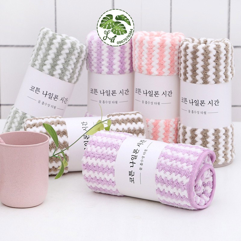 Khăn mặt cotton lông cừu Hàn Quốc mềm mịn siêu thấm nước kẻ sọc kích thước 30-50cm AcuteBaby