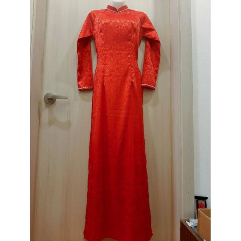 Pass áo dài đỏ gấm hoa hồng size S new