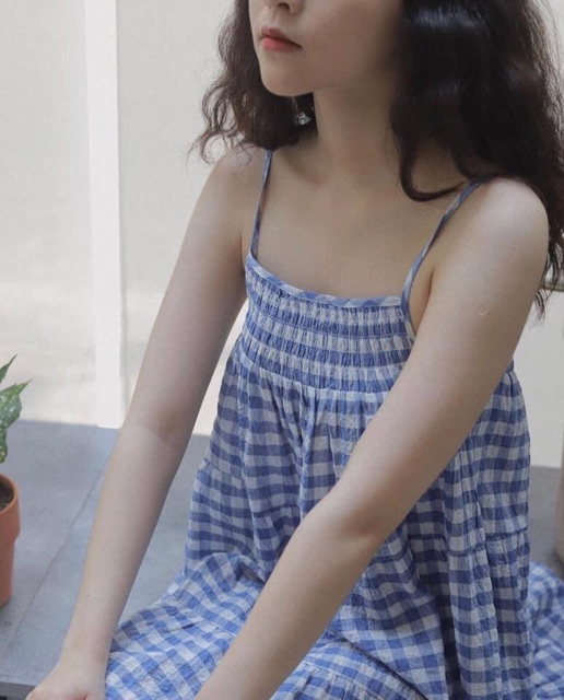 Váy Yếm Kẻ CaRo Xanh Dáng BaByDoll-HalinhShop-Váy 2 Dây Trễ Vai Size S M