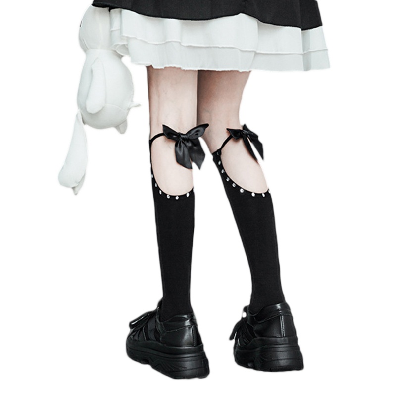 Vớ chân cao đến đầu gối in họa tiết trái tim trang trí nơ đính đá phong cách gothic punk lolita cho nữ