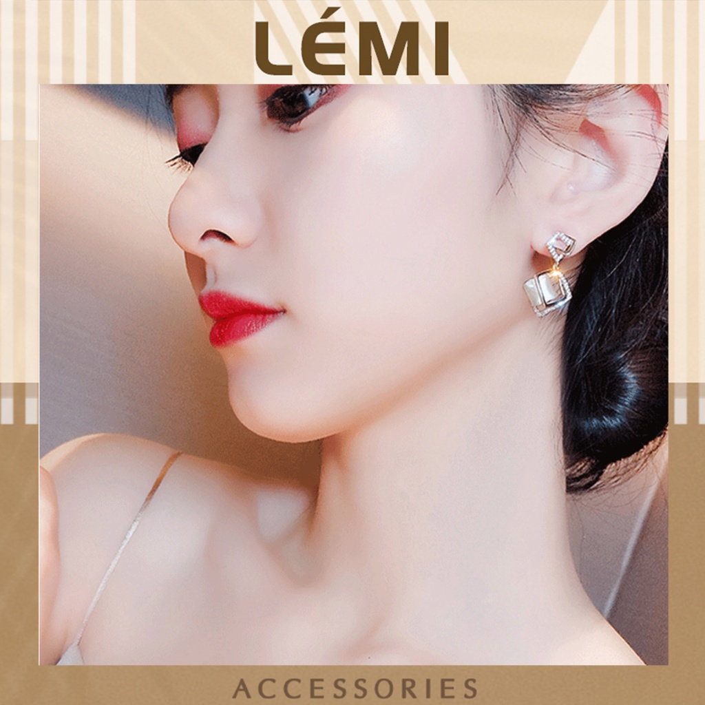 Bông tai nữ bạc s925 dáng thả hình vuông đính đá sang trọng thời trang Hàn Quốc Lémi accessories
