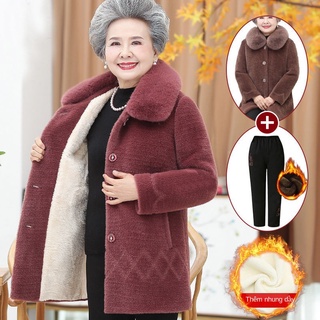 Áo khoác nhung lông chồn trung niên và cao tuổi mẹ nữ đệm mùa đông bà ngoại len ấm áp