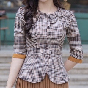 Áo sơ mi công sở nữ cổ bẻ cài nơ họa tiết kẻ chéo ngắn tay, áo sơ mi nữ | BigBuy360 - bigbuy360.vn