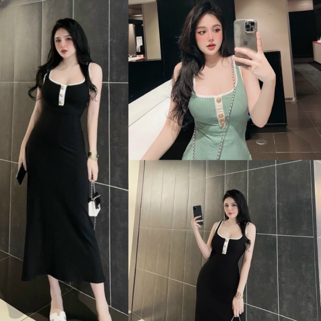 Đầm body 3 lỗ cổ vuông phối nút ngực tôn dáng siêu xinh