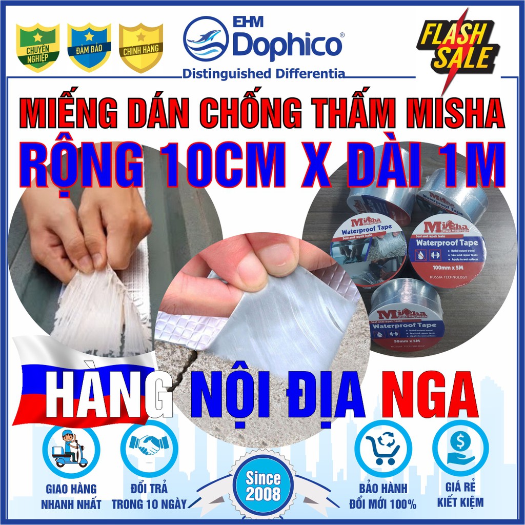 Miếng dán chống thấm Misha rộng 10cm x dài 1m – Băng keo chống thấm dột – Bịt rò rỉ ống nước