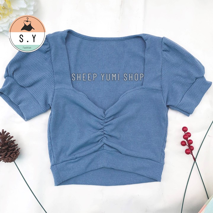 Áo Thun Croptop Cổ Vuông Nhún Ngực Tay Phồng SHEEP YUMI SHOP AC07