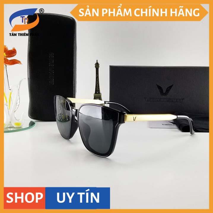 Mắt kính nữ/nam (unisex) màu đen râm mát chống nắng, tia UV 6035. Kính mát gọng kim loại chữ V màu vàng, không gỉ, ôm mặ