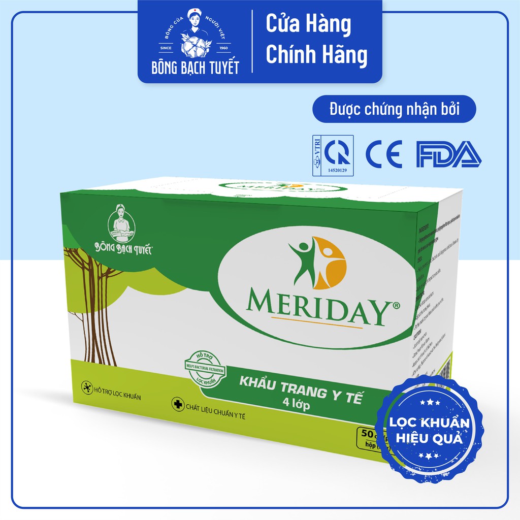 Combo 3 Hộp khẩu trang y tế 4 lớp Meriday Bông Bạch Tuyết kháng khuẩn màu xanh - Hộp 50 cái | BigBuy360 - bigbuy360.vn