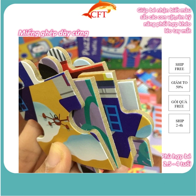 Xếp hình  cho bé từ 2 tuổi bộ ghép hình puzzle 4 cấp độ với 3 chủ đề ô tô khủng long bốn mùa