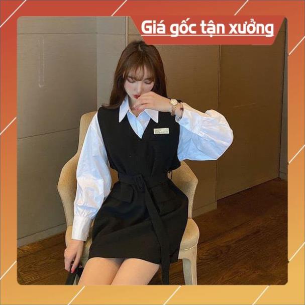 [Hàng Chất Lượng] Set Áo Sơ Mi + Đầm Suông Kèm Belt (ÁO TRẮNG + ĐẦM ĐEN) | BigBuy360 - bigbuy360.vn