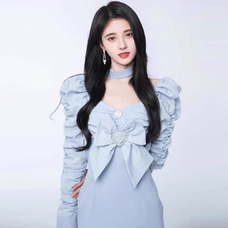 Đầm bèo xanh dương CÚC TỊNH Y có thể tháo rời nơ váy chất lượng cao 2021 mới