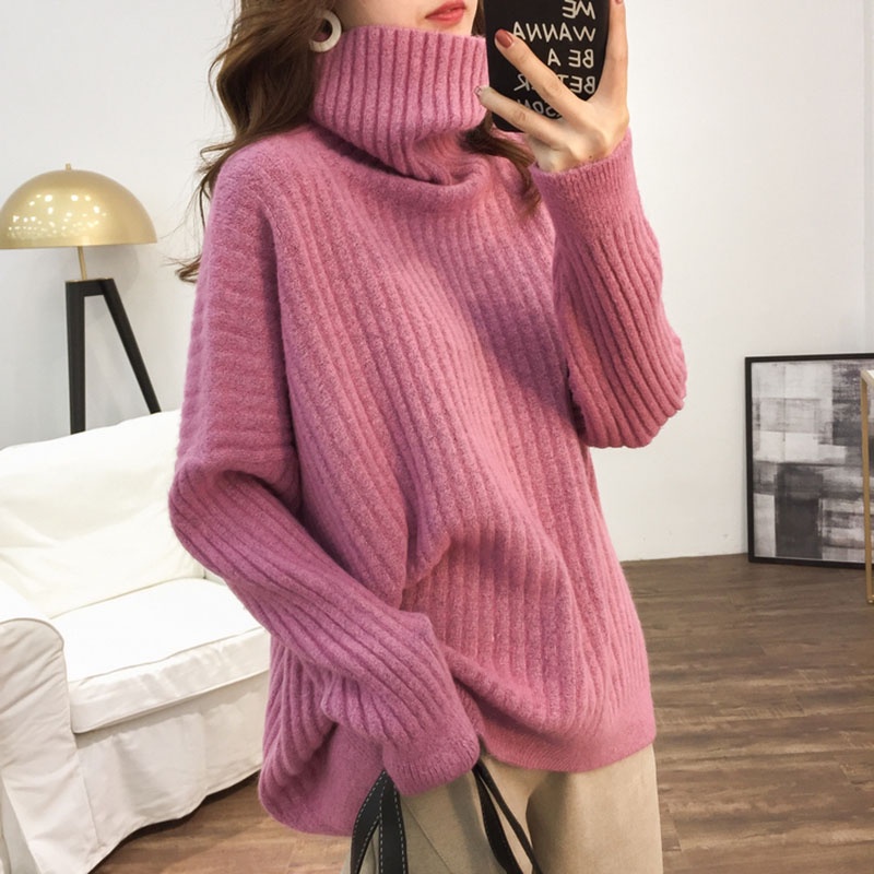 IELGYÁo Sweater Dệt Kim Tay Dài Cổ Cao Dáng Rộng Thời Trang Cho Nữ
