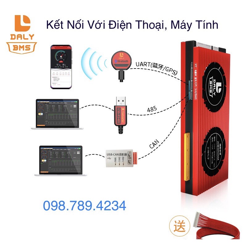 Mạch BMS DALY 48V/60V/72V bảo vệ pin sắt, lipol, kết nối điện thoại