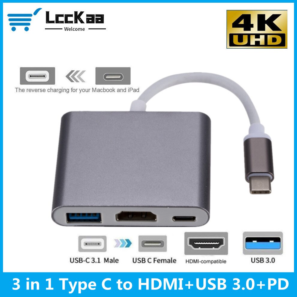 Bộ Chuyển Đổi Hub 3 Trong 1 USB C Sang HDMI USB 3.0 Type C 3.1 Hub Mac Air Pro Huawei Mate30 Samsung S9 Plus