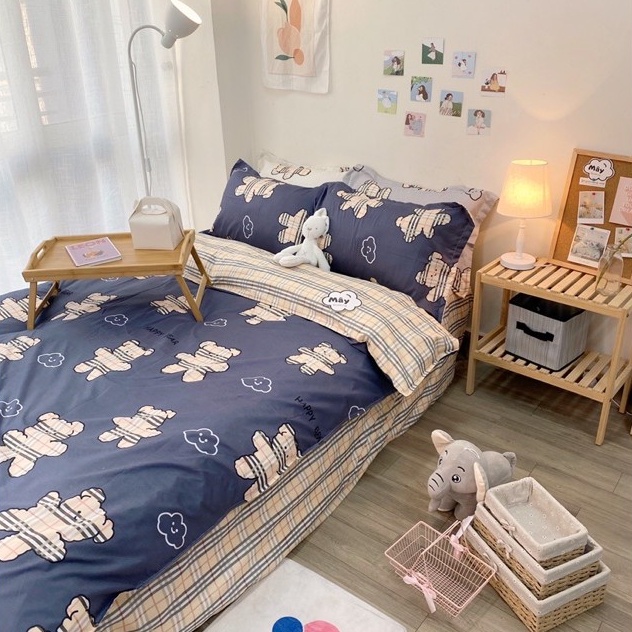 Bộ chăn ga gối Cotton Poly Mây Bedding hoạ tiết Gấu caro kẻ đủ màu xanh dương xám trắng MÂY BEDDING đủ kích thước nệm