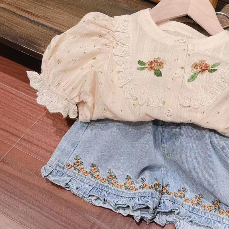 Bộ Áo Sơ Mi In Hoa + Chân Váy Denim Thời Trang Mùa Hè Nhật Hàn 2022 Dành Cho Bé Gái